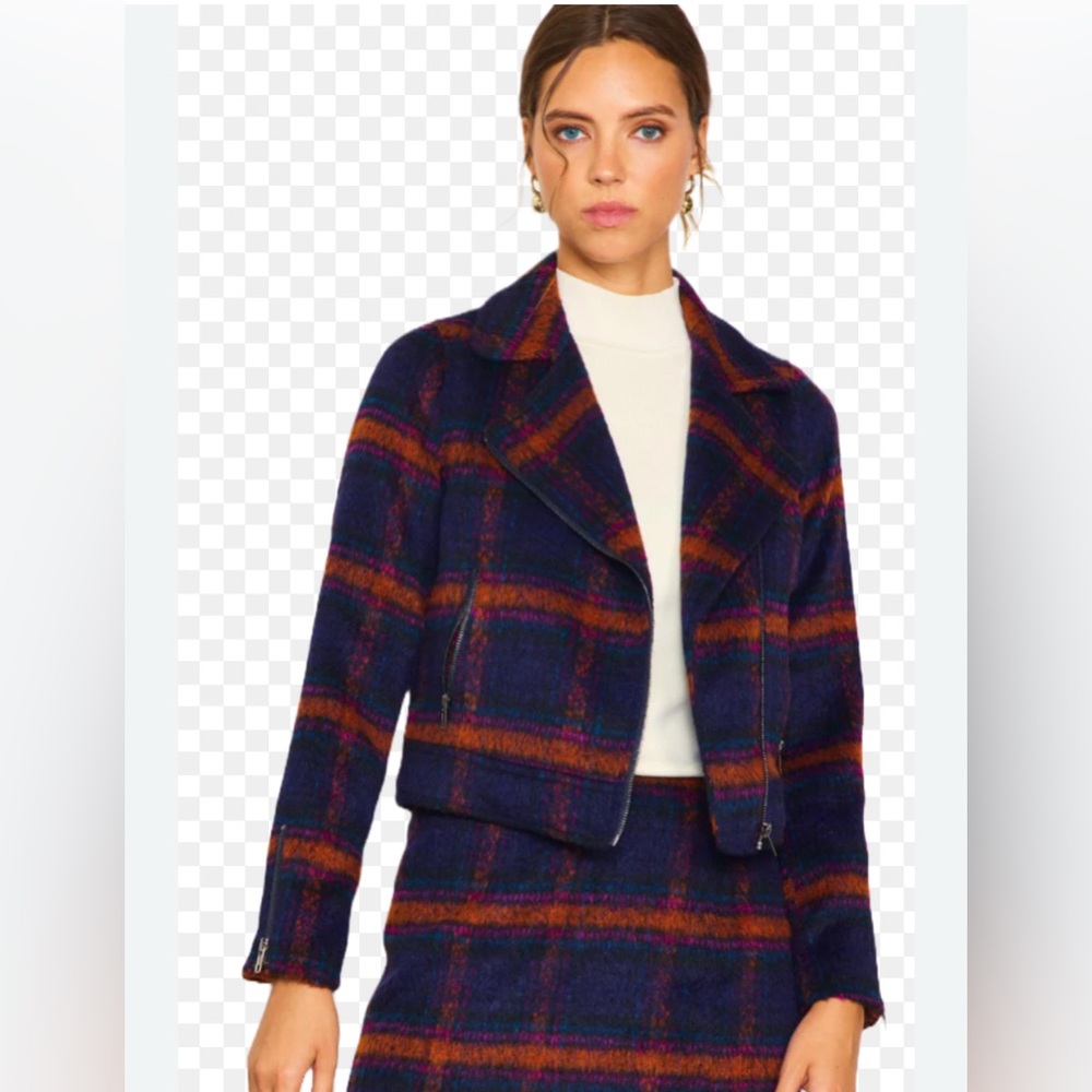 SKIES ARE BLUE Plaid Moto Jacket Size Small Navy/Orange